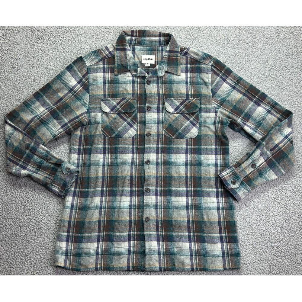 Rhythm Shirt Mens L Blue Green Plaid Flannel Wool Button‎ Down Hiking
